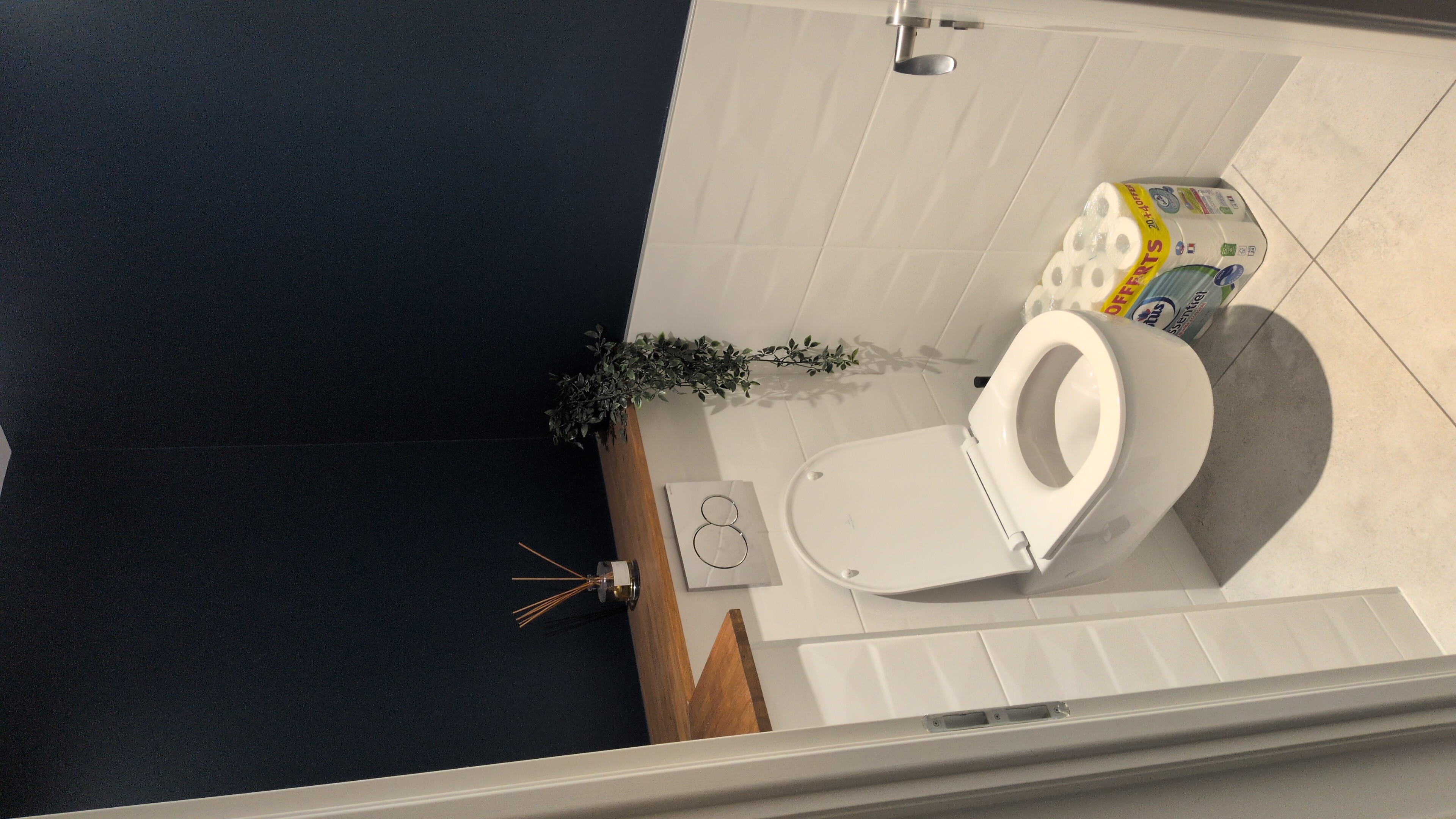 WC suspendu installé sur mur bleu nuit